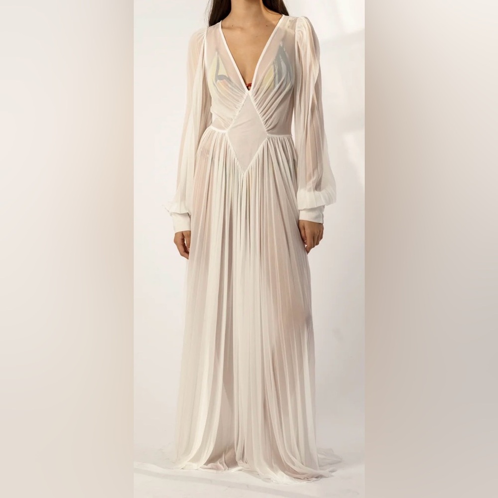 Elegant Sheer White Maxi Dress with Long Sleeves